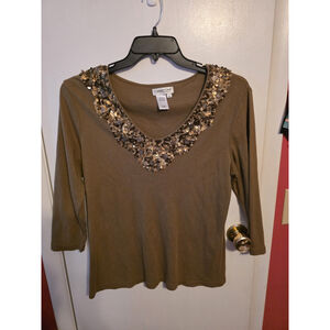Coldwater Creek Brown Sequin Metallic Top V-Neck Size Medium-3/4 Sleeve